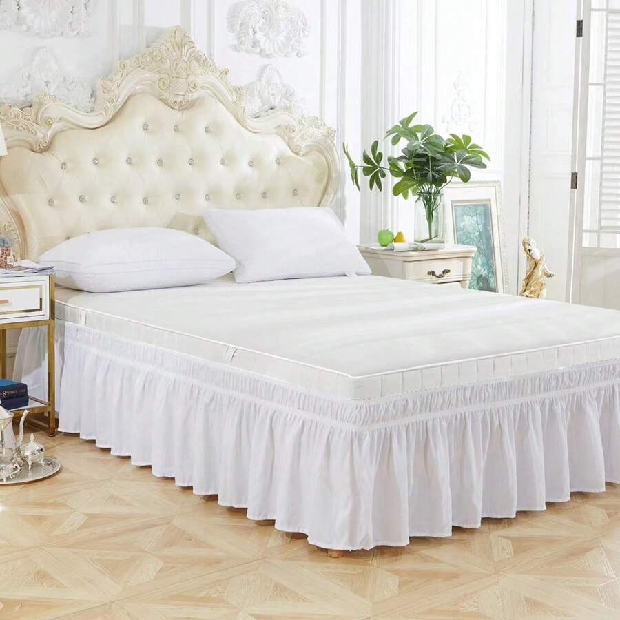1pc White Double Elastic Ruffled Bed Skirt, Soft Bedding, Brushed Fabric Pleated Bed Skirt, Stretchy Elastic Bed Skirt, Suitable For Bedroom, Guest Room, Hotel, Dormitory, Decorative Bedding