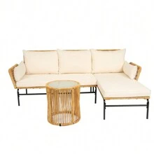 Juego de 3 piezas de muebles de mimbre para patios al aire libre, mesa y sillas con cojín de 3,15 pulgadas de grosor, sofá de mimbre natural amarillo + cojín crema