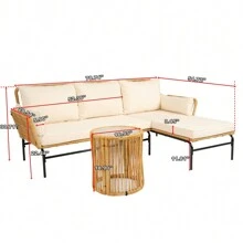 Juego de 3 piezas de muebles de mimbre para patios al aire libre, mesa y sillas con cojín de 3,15 pulgadas de grosor, sofá de mimbre natural amarillo + cojín crema