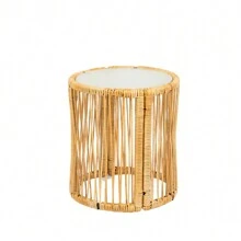 Juego de 3 piezas de muebles de mimbre para patios al aire libre, mesa y sillas con cojín de 3,15 pulgadas de grosor, sofá de mimbre natural amarillo + cojín crema