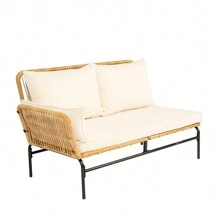 Juego de 3 piezas de muebles de mimbre para patios al aire libre, mesa y sillas con cojín de 3,15 pulgadas de grosor, sofá de mimbre natural amarillo + cojín crema