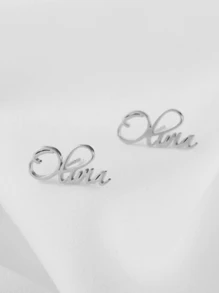 1 对女士定制名字耳环个性化不锈钢首字母铭牌耳钉节日珠宝礼物 - 鍍白金 - 查看 3