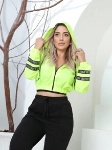 Women's Neon Windbreaker Jacket Coat Tactel Hat Promotion - 青檸色 - 查看 1