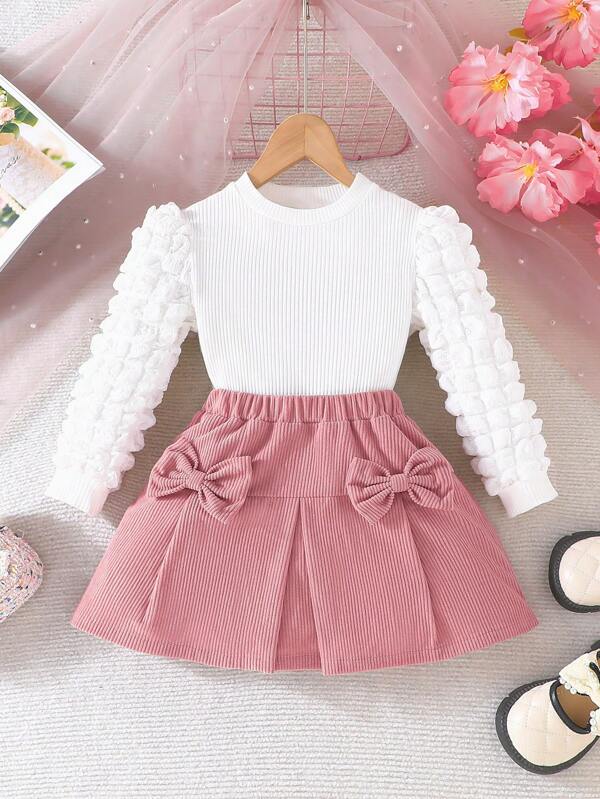 2 piezas Conjunto informal de blusa de manga abullonada y falda con estampado de mariposa para niñas jóvenes