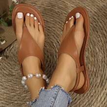 Women's Elastic Ankle Strap Flip Flops Beach Slippers Summer Casual Thong Sandals Triangle Strap Flat Sandals - Brown - View 7
