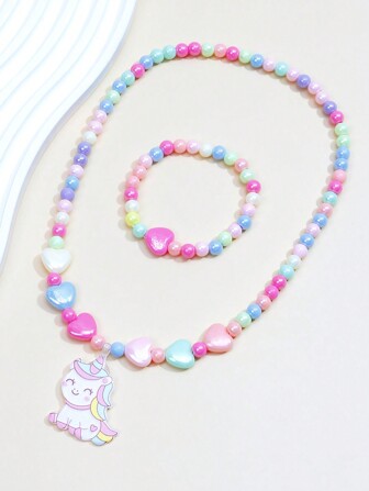 2pcs/Set Girls' Unicorn Pendant Jewelry Set, Includes Beaded Necklace And Bracelet, Cute Charm Jewelry Gift For Girls Birthday Party, Random Color