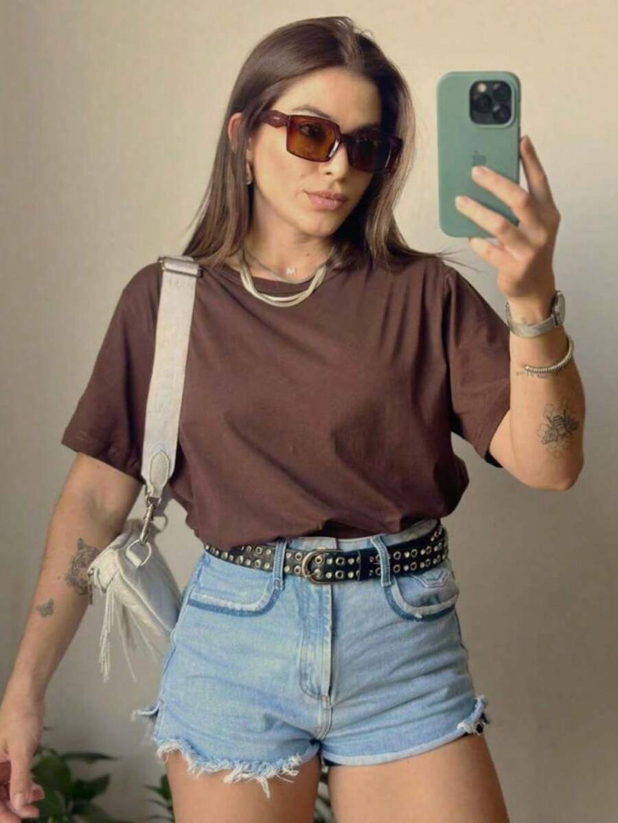 Women's Blouse T-Shirt Short Sleeve T-Shirt Premium Mesh 100% Cotton Casual Launch Plain Stripped - 鏽棕色 - 查看 1