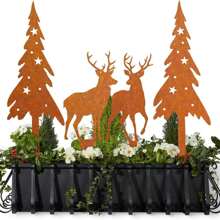 4 piezas Adornos de ciervos y árboles grandes de hierro oxidado de 28 cm, decoración del hogar para Navidad, Halloween, jardín, césped, maceta, interior - Óxido marrón - Ver 4