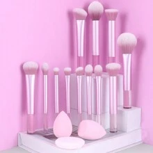 12件套透明手柄多功能化妆刷套装 - 散粉刷、腮红刷、粉底刷、眼影刷、遮瑕刷、修容刷 + 斜角美妆蛋、圆形美妆蛋、粉色化妆粉扑、化妆刷套装、化妆刷套装、化妆刷套装、全套化妆工具、化妆刷套装、全套化妆工具、化妆刷套装、化妆礼盒套装