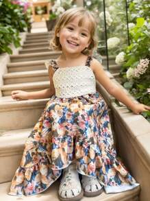 Tween Girl Fluttering Sleeve Strap Dress Bowknot Backless Floral Asymmetrical Hem Princess Boho Vacation Party Dress, Spring/Summer