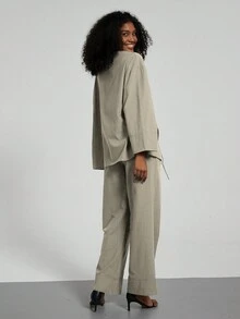 Women Casual Solid Color Kimono Top And Pants Set - Khaki - View 4