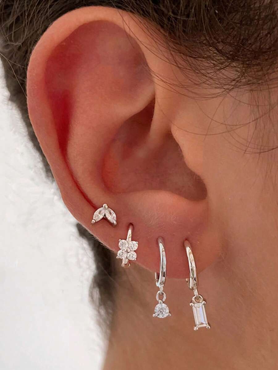 HOTNICE 1 Set (3pcs) Women's Single Earrings, Moonstone Zirconia, Star Shaped Double-Sided Earring, Triple Hole Earring, Layered Wear, Single Earring Only - 4-piece Silver - View 1