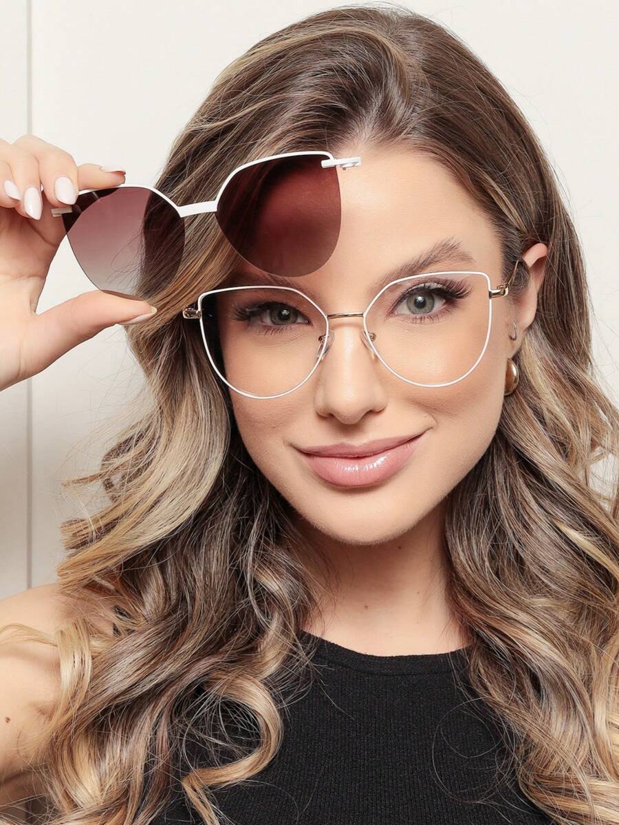 Frame Glasses For Women METAL Clipon 2 In 1 Big CAT With Case + Flannel POLARIZED UV400 SUN LENS - trắng - Xem 1