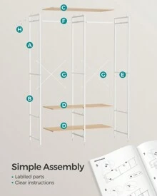 SONGMICS Portable Clothes Wardrobe, Foldable Closet, Clothes Rack Freestanding, Closet Organiser, With Hanging Rods, Storage Shelves, Removable Hooks - 米色 - 查看 6