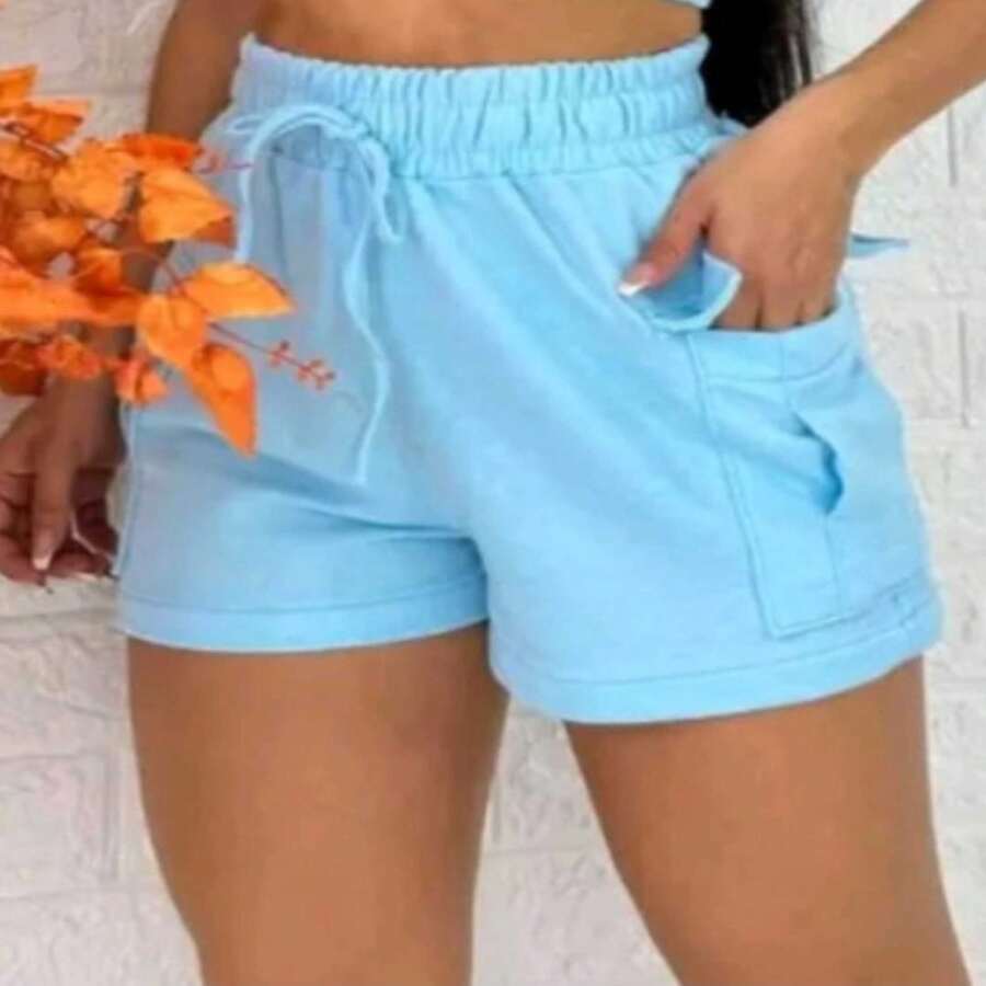 Shorts Bermuda Cargo Moletinho High Waist Super Model 2024 - 淺藍色 - 查看 1