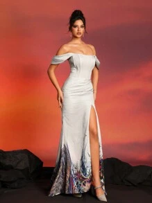 Nuevo vestido de noche elegante y de alta gama en plata, vestido de gala formal, para invitados de boda, graduación, cena - Plateado - Ver 4