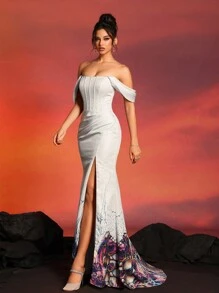 Nuevo vestido de noche elegante y de alta gama en plata, vestido de gala formal, para invitados de boda, graduación, cena - Plateado - Ver 5