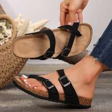 Women's Cork Footbed Sandal With Adjustable Buckle,Comfortable Summer Beach Sandals - 黑色 - 查看 6