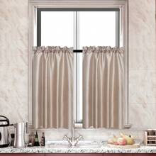 1pc Solid Color Faux Silk Rod Pocket Short Window Curtain, Coffee
