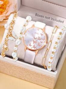 SOKI SOKI Bộ 1 đồng hồ đeo tay nữ thời trang thường ngày, đồng hồ mặt tròn số Ả Rập hình bướm, máy quartz, kèm dây đeo hình bướm, làm từ đất sét polymer và ngọc trai giả, thích hợp đeo hàng ngày, làm quà sinh nhật, quà dự tiệc, quà tặng ngày lễ, quà lý tưởng cho bản thân hoặc bạn bè. Không kèm hộp đựng. - trắng - Xem 2