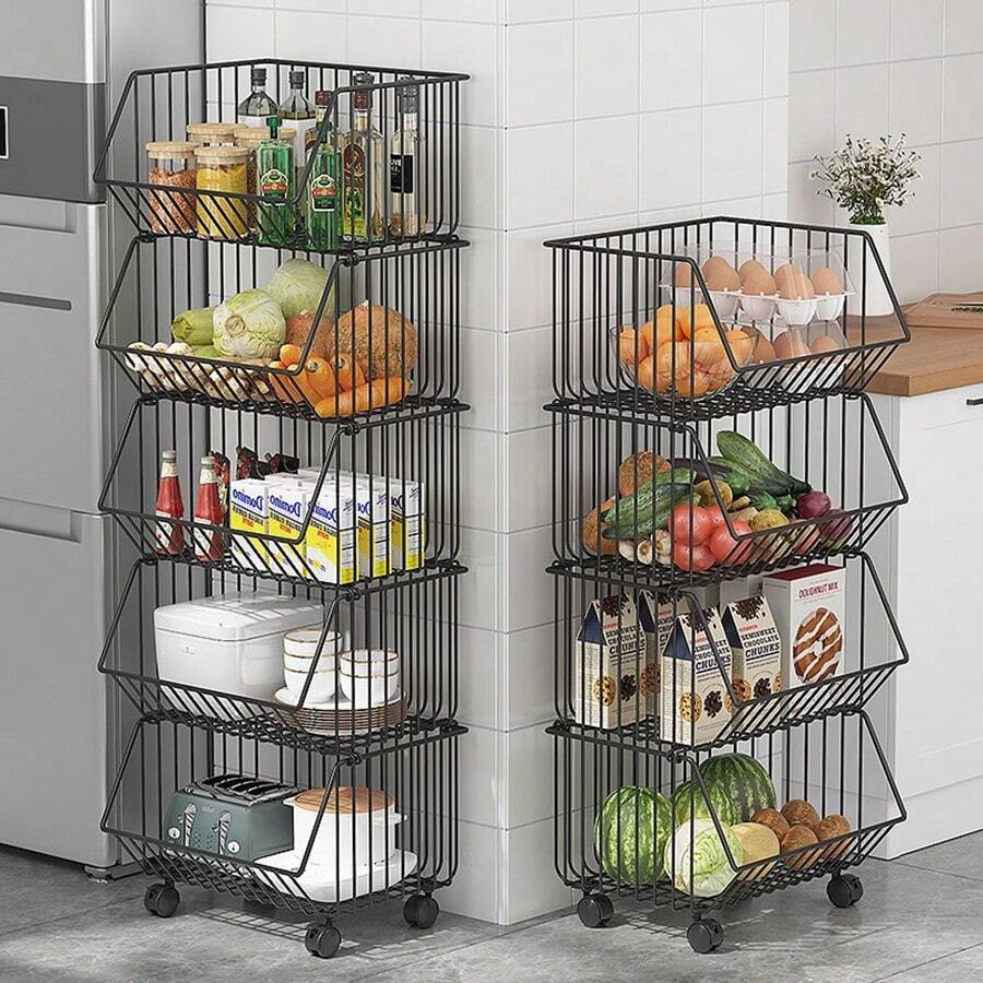 Cesta de 4/5 niveles para frutas y verduras, carrito de aperitivos, cesta de almacenamiento de frutas y verduras apilable con ruedas, cesta de almacenamiento de alambre metálico, carrito de almacenamiento, adecuado para cocina, despensa, baño y decoración exterior - Negro - Ver 1