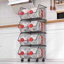 Cesta de 4/5 niveles para frutas y verduras, carrito de aperitivos, cesta de almacenamiento de frutas y verduras apilable con ruedas, cesta de almacenamiento de alambre metálico, carrito de almacenamiento, adecuado para cocina, despensa, baño y decoración exterior - Negro - Ver 5