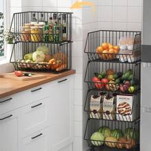 Cesta de 4/5 niveles para frutas y verduras, carrito de aperitivos, cesta de almacenamiento de frutas y verduras apilable con ruedas, cesta de almacenamiento de alambre metálico, carrito de almacenamiento, adecuado para cocina, despensa, baño y decoración exterior - Negro - Ver 3