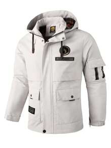 LEDUNTINO [Primavera/Verano] Chaqueta casual con cremallera para hombre, estilo deportivo, unicolor, estampado de eslogan, bolsillo cargo, regalo ideal para esposo o novio, chaqueta cortavientos ligera para hombre con capucha desmontable, diseño de múltiples bolsillos, estampado de letras, camiseta de primavera otoño - Blanco - Ver 1
