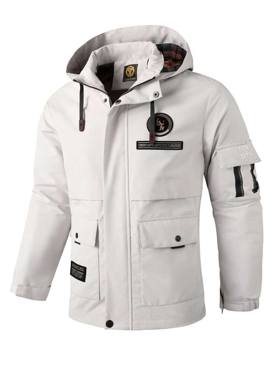 LEDUNTINO [Primavera/Verano] Chaqueta casual con cremallera para hombre, estilo deportivo, unicolor, estampado de eslogan, bolsillo cargo, regalo ideal para esposo o novio, chaqueta cortavientos ligera para hombre con capucha desmontable, diseño de múltiples bolsillos, estampado de letras, camiseta de primavera otoño - Blanco - Ver 1