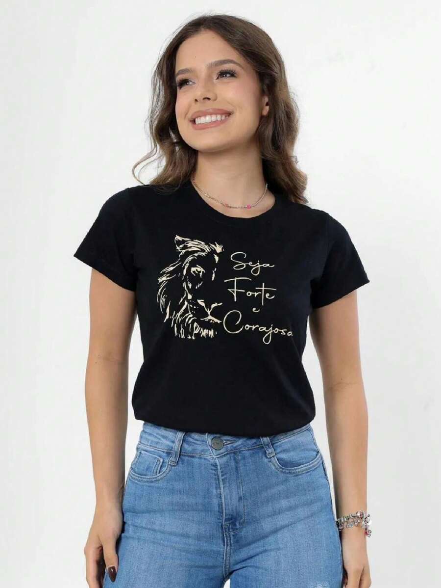 100% Cotton Printed T-Shirt, Lightweight, Comfortable, Women's Fashion - 黑色 - 查看 1