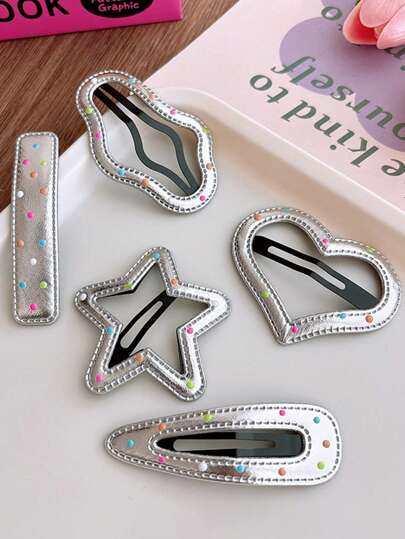 5 件/套女孩银色镂空皮革发夹，百搭百搭波尔卡圆点刘海发夹，女孩 BB 夹刘海发夹