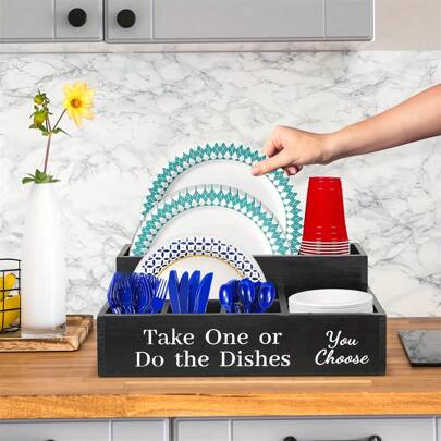 6 Compartment Wooden Flatware Organizer For Kitchen Countertop - Lightweight Utensil Caddy With Tension Mount, Ideal For Camping, Picnics, Parties, Weddings & BBQs (Durable & Portable)