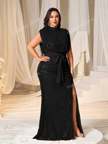 Faeriesty Plus Mock Neck Sequin Belt Jurk Elegante Formele Avond Gastjurk, Voor Afstudeerfeestjurk