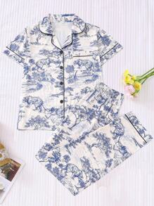 2 件套女士休闲豹纹睡衣套装 - 有领短袖衬衫和松紧腰宽松裤，适合休闲、户外和家居穿着，两件套 - 淺藍色 - 查看 1