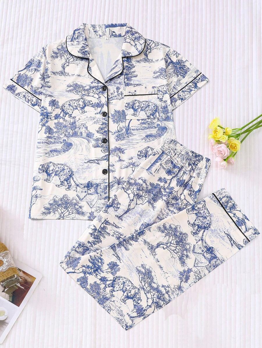 2 件套女士休闲豹纹睡衣套装 - 有领短袖衬衫和松紧腰宽松裤，适合休闲、户外和家居穿着，两件套 - 淺藍色 - 查看 1