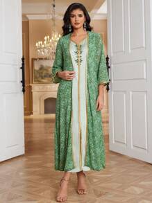 Women's Floral Printed Arabic Style Two Piece Dress Set - Green - View 3