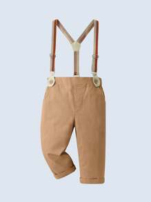 BOARNSEORL 2pcs Young Boys Gentleman Outfit - Collared Shirt With Bow Tie And Suspender Pants, Fashionable And Stylish For Birthday Party, Wedding, Banquet - 卡其色 - 查看 6