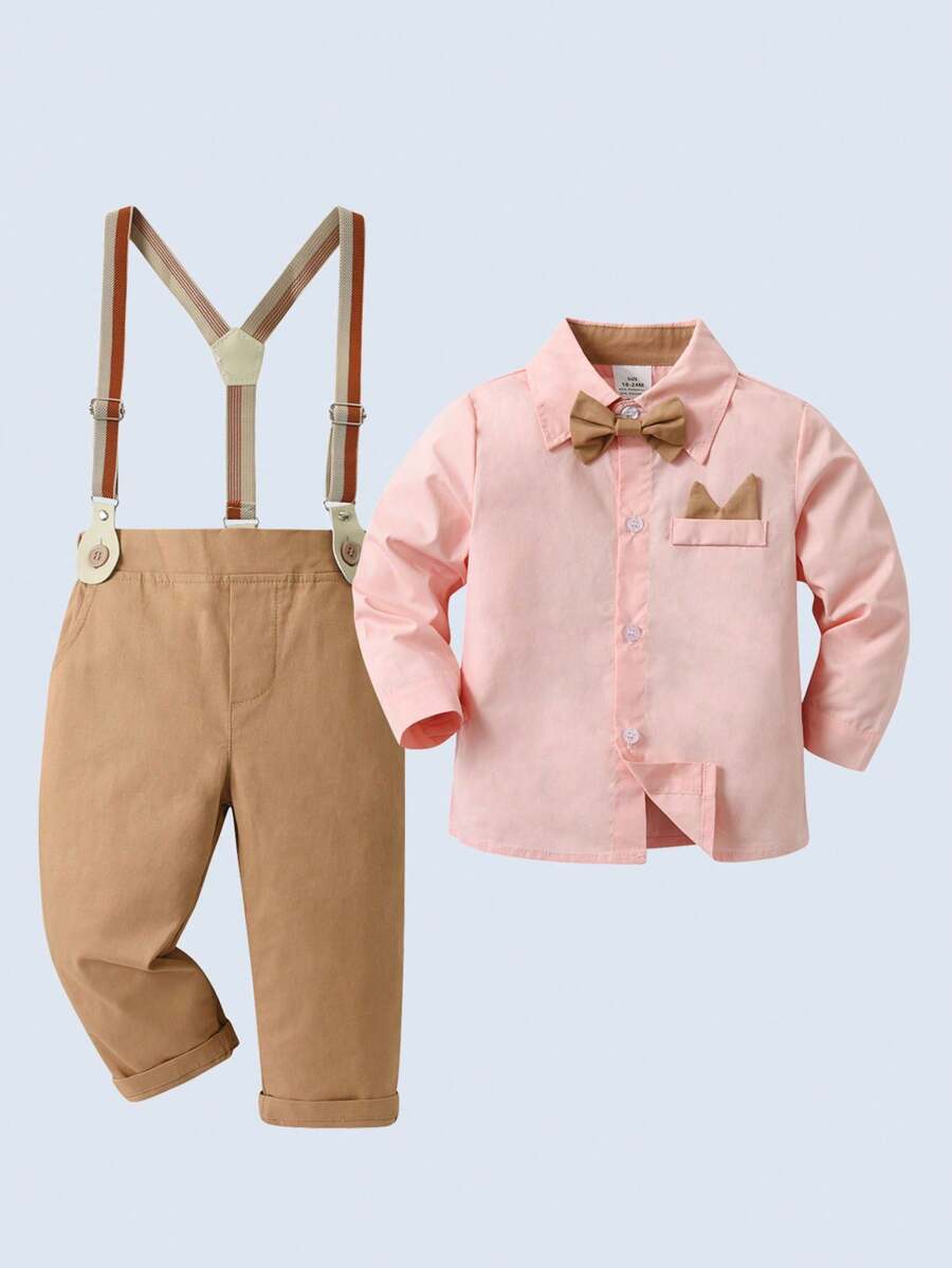 BOARNSEORL 2pcs Young Boys Gentleman Outfit - Collared Shirt With Bow Tie And Suspender Pants, Fashionable And Stylish For Birthday Party, Wedding, Banquet - 卡其色 - 查看 1