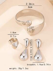 1 Set Vintage Exaggerated Water Drop Pendant Earrings, Geometric Open Bangle Bracelet & Open Ring - Silver - View 4
