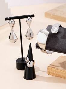 1 Set Vintage Exaggerated Water Drop Pendant Earrings, Geometric Open Bangle Bracelet & Open Ring - Silver - View 2