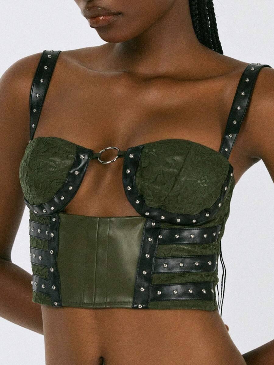 Green Lace Spliced PU & Rivet Decoration Back Lace-Up Crop Top - Dark Green - View 1