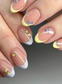 24Pcs Simple French Style False Nails Mango Blueberry Detachable Nail Art Pieces European And American Short Press-On Nail Patches With Jelly Glue And Nail File Suitable For Women'S Daily Wear Nail Supplies Nails