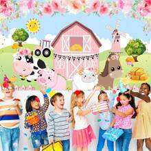 1 PIEZA Pancarta de fondo para fiesta de cumpleaños con tema de granja, 82.7 * 59.1/59.1 * 39.4/39.4 * 29.5 pulgadas con flores, vaca, lechón, cordero, decoración de fondo para fiesta de cumpleaños con tema de animales de granja, adecuada para fiesta de cumpleaños, mesa de pastel, fotomatón, sala de estar, dormitorio, estudio fotográfico, escena de transmisión en vivo, decoración de fondo de fiesta, suministros de regalo - Multicolor - Ver 6
