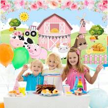 1 PIEZA Pancarta de fondo para fiesta de cumpleaños con tema de granja, 82.7 * 59.1/59.1 * 39.4/39.4 * 29.5 pulgadas con flores, vaca, lechón, cordero, decoración de fondo para fiesta de cumpleaños con tema de animales de granja, adecuada para fiesta de cumpleaños, mesa de pastel, fotomatón, sala de estar, dormitorio, estudio fotográfico, escena de transmisión en vivo, decoración de fondo de fiesta, suministros de regalo - Multicolor - Ver 3