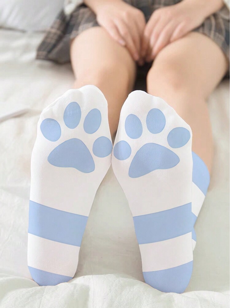 1pair Blue Striped Print Knee High Socks - Multicolor - View 1