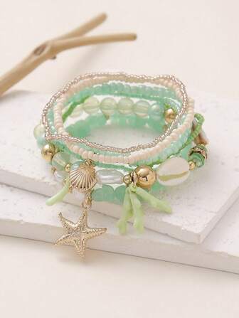 6PCS Pink Girly Beach Holiday Style Shell & Sea Star Beaded Elastic Bracelet Set, Suitable For Women's Vacation & Daily Wear