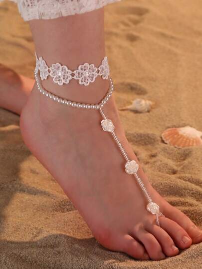 1/2件装 波西米亚海滩度假风甜美蕾丝花朵和人造珍珠串珠脚链 女士