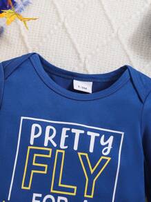 男婴长袖字母印花毛衣、条纹裤和无檐小便帽三件套服装，秋冬 - 藍色 - 查看 5