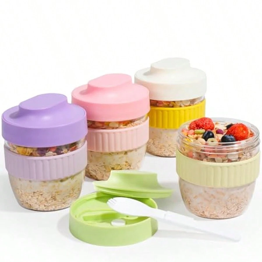1 件装早餐杯、隔夜燕麦容器（带盖和折叠勺）、便携酸奶麦片零食冻糕沙拉容器（午餐用）、水果蔬菜罐