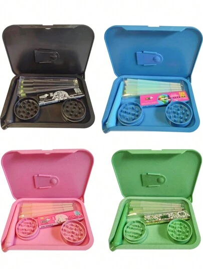 一套粉色吸烟配件，包括双层粉色研磨器、粉色卷烟纸册、8张粉色卷烟纸、收纳管、5.8英寸 x 7.8英寸双层托盘，吸烟者礼品